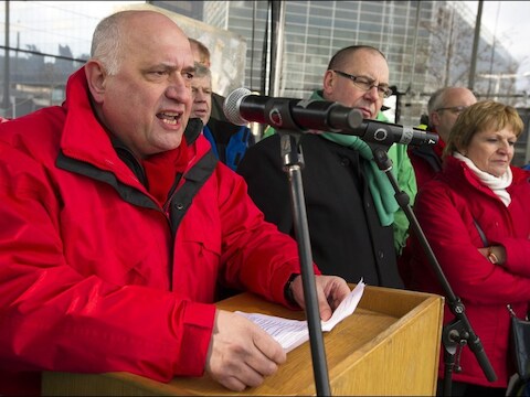 Rudy De Leeuw (ABVV) en Marc Leemans (ACV).