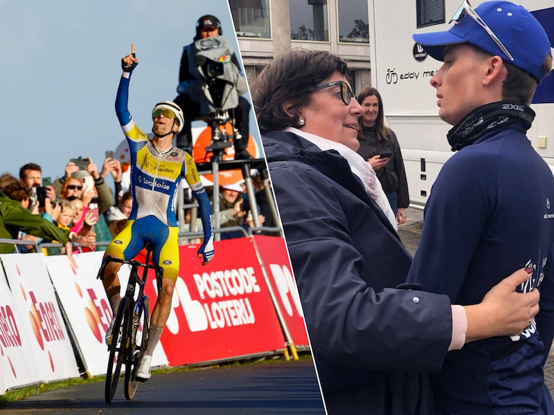 Victor Vercouillie denkt aan zijn papa terwijl hij zaterdag als eerste over de meet rijdt. Rechts: een foto van mama Veerle die op bezoek is op zondag. 
