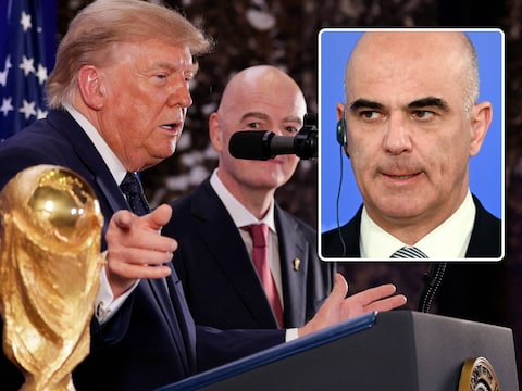 Amerikaans president Donald Trump met FIFA-baas Gianni Infantino. Inzet: Secretaris-generaal van de Raad van Europa, Alain Berset.
