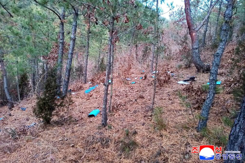 Partes del dron que supuestamente fue derribado en una zona forestal en la región de Muksan-ri en Corea del Norte.