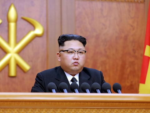 Kim Jong-Un tijdens zijn nieuwjaarsspeech in Pyongyang.