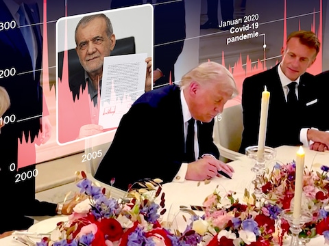 De ondertekening van het akkoord door Donald Trump en zijn Iraanse ambtsgenoot Masoud Pezeshkian (inzet).