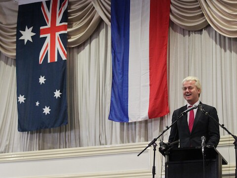 Geert Wilders tijdens zijn toespraak in Somerton, een voorstad van Melbourne.