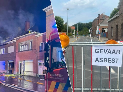 Afgelopen nacht woedde een hevige brand in Essene, deelgemeente van Affligem (foto links). De Ternatsestraat is afgesloten na de brand waarbij asbest vrijgekomen is (foto rechts).