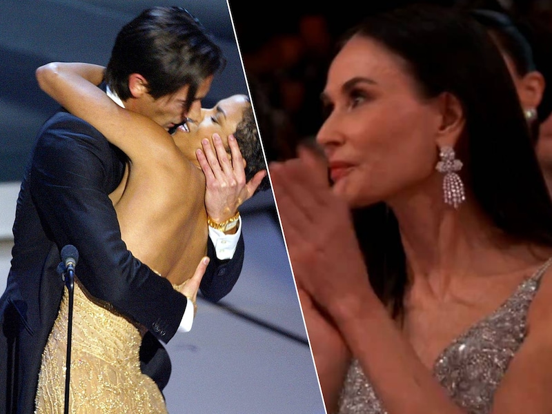 Adrien Brody en Halle Berry doen iconische kus nog eens over en de pijnlijke grimas van Demi Moore: de hoogtepunten van de Oscars