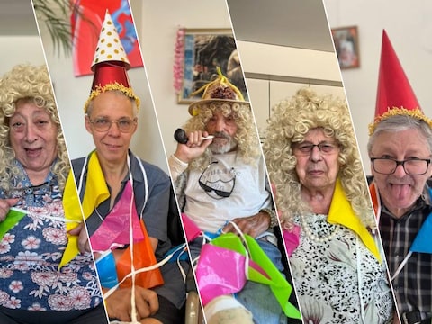 5 bewoners van WZC 't Hoge uit Kortrijk, worden als eregasten ontvangen tijdens Kamping Kitsch Club