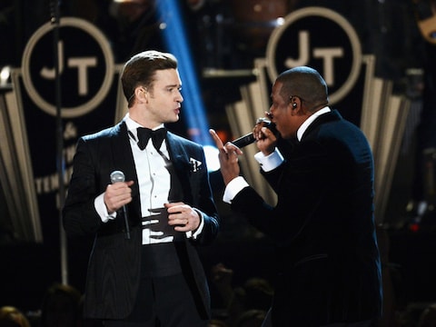 Justin Timberlake en Jay-Z op de Grammy Awards in Los Angeles.