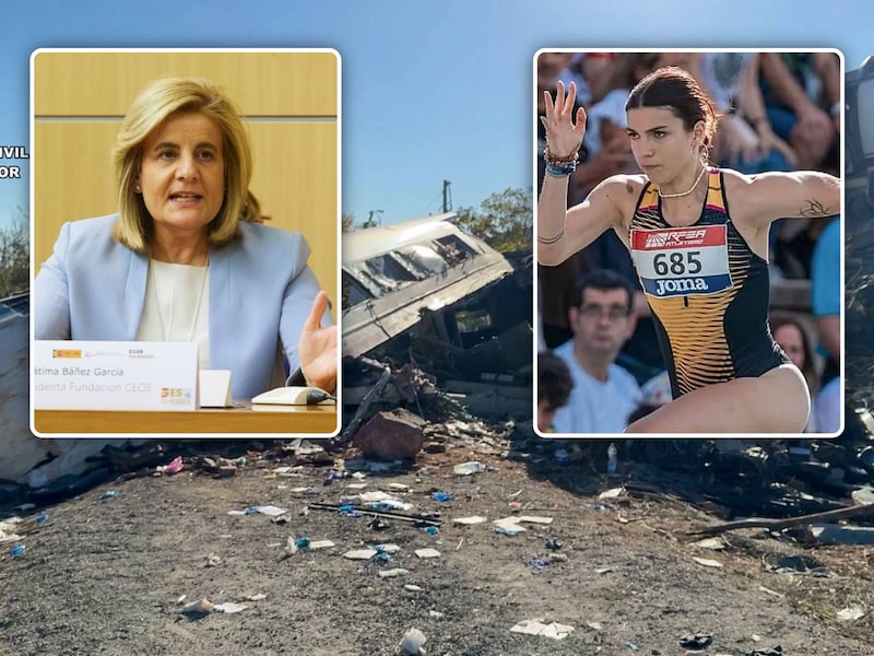 Brokstukken en beschadigde wagons van het treinongeluk in Toledo. Inzet: de 24-jarige Spaanse atlete Julieta Gallego en voormalige Spaanse minister van Arbeid en Sociale Zekerheid, Fátima Báñez.