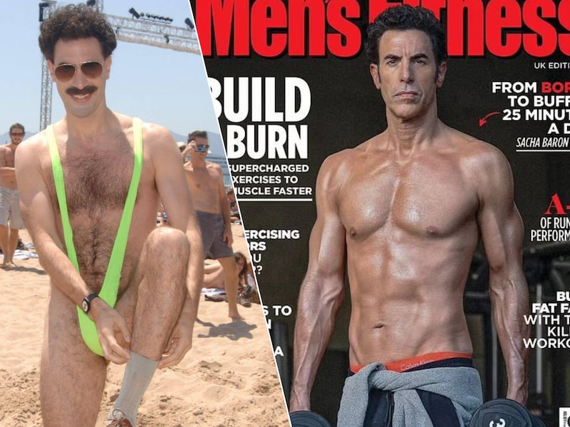 Sacha Baron Cohen als Borat (links) en vandaag op de cover van Men’s Fitness. 