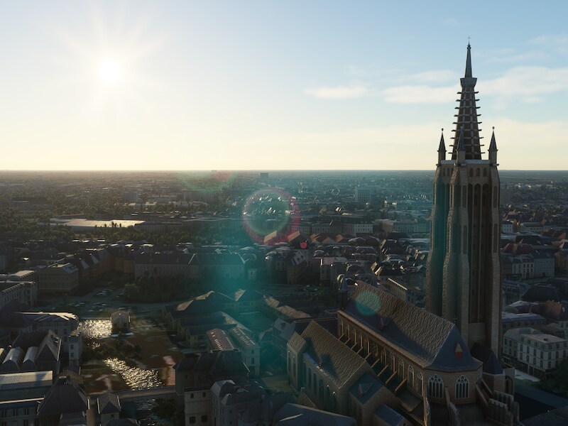 De Onze-Lieve-Vrouwekathedraal in Brugge, een van de tientallen monumenten die Microsoft bijplantte in het wereldmodel van zijn 'Flight Simulator'.