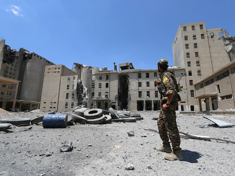 De stad Manbij in de provincie Aleppo op 1 juli.