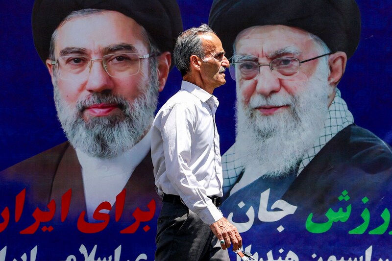 Large banners of both Mojtaba Khamenei and his slain father Ali Khamenei can be seen on the streets of Iran