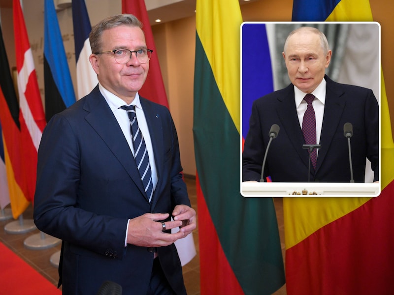 De Finse premier Petteri Orpo sluit buitenlandse inmenging niet uit. Kleine foto: Russische president Vladimir Poetin.