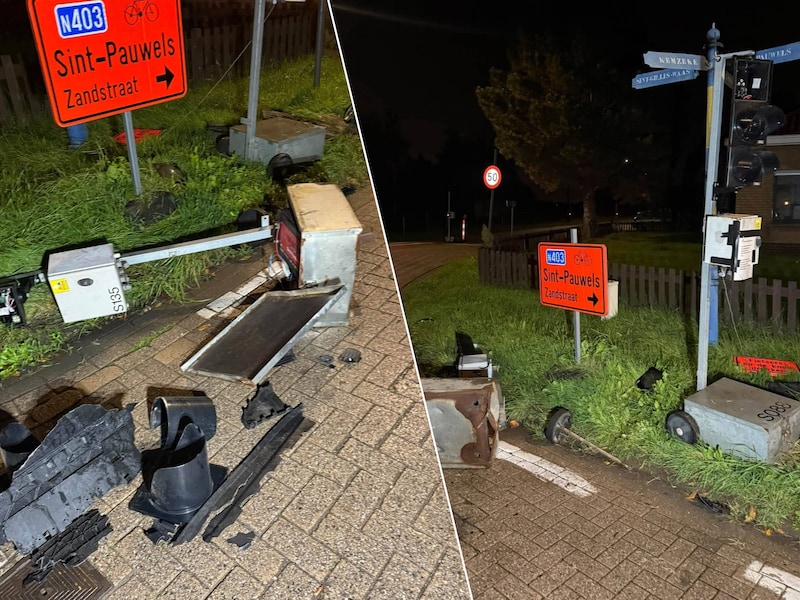 Het verkeerslicht op het kruispunt van de Beekstraat werd rond middernacht aangereden