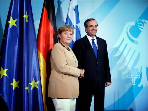 Duits bondskanselier Angela Merkel en de Griekse premier Antonis Samaras toen die laatste vorige maand in Berlijn ging onderhandelen over de voorwaarden van de Europese noodhulp.
