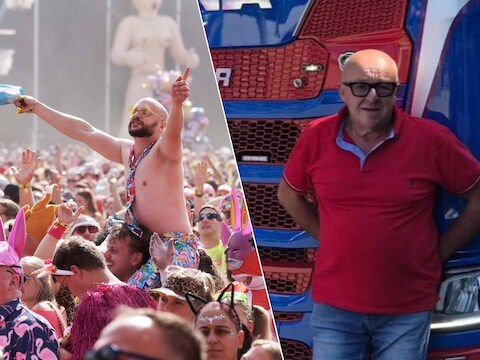 Links: Kamping Kitsch Club 2025. Rechts: Gino Deceuninck, gemeenteraadslid van Ardooie en vrachtwagenchauffeur.