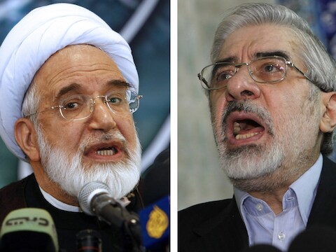De twee opgepakte oppositieleiders: Mehdi Karoubi (links) en Mir Hossein Mousavi.