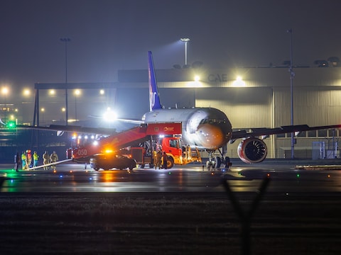 Het vliegtuig van Scandinavian Airlines dat in Brussel ei zo na bij een ramp betrokken was.