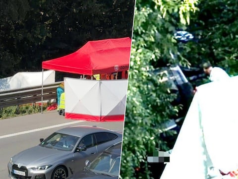 De auto kwam in de gracht naast de vangrail terecht.