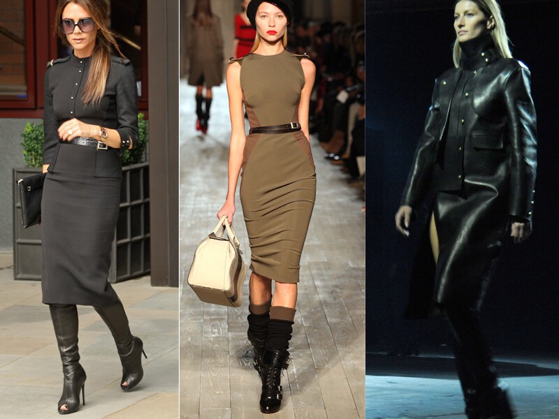 Victoria Beckham in een van haar eigen creaties, een jurk op de catwalk van Victoria Beckham en Gisele Bundchen met een jas van Alexander Wang.