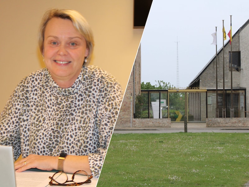 Links burgemeester Lieve Castryck, rechts het administratief centrum  in Lo.