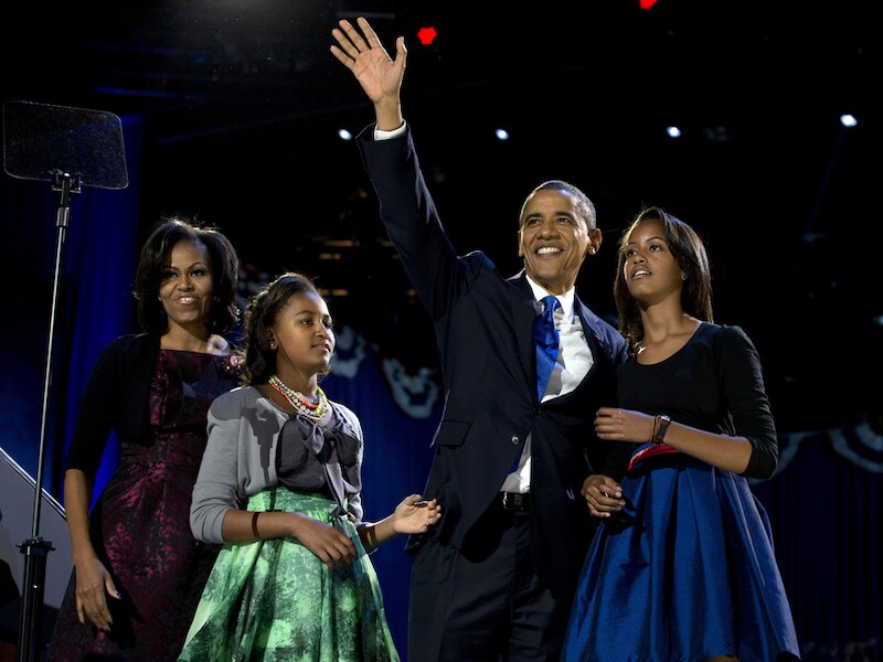 Barack Obama en zijn familie op de dag van zijn herverkiezing.
