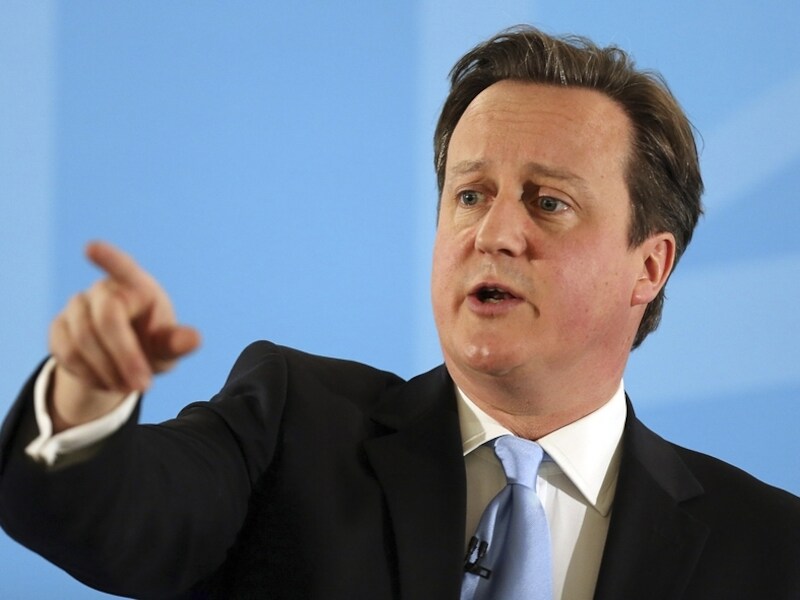 De Britse premier Cameron tijdens zijn speech over immigratie, afgelopen week in Ipswich.