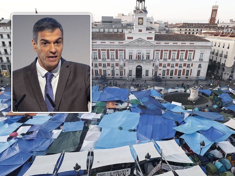 Tenten worden opgezet in Madrid uit protest tegen de uithuiszetting van Maricarmen (inzet: Premier Pedro Sanchez)