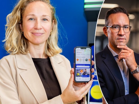 Supermarktexpert Pierre-Alexandre Billiet (r) schetst het systeem van Scan&Go dat nu ook Lidl (met hier woordvoerder Kim Geirnaert) toepast.