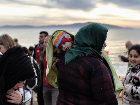 Vluchtelingen komen aan op Lesbos.