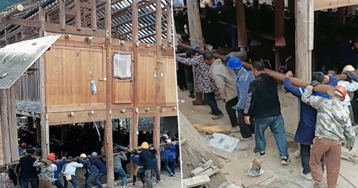 Kijk hoe meer dan 200 mensen samen heel huis verhuizen in China