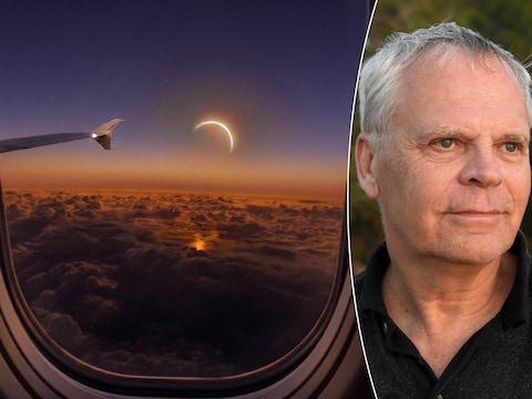 Volkssterrenwacht Urania maakte een AI-beeld over hoe een eclips er vanuit een vliegtuig zou kunnen uitzien. Rechts: Werner Hamelinck.