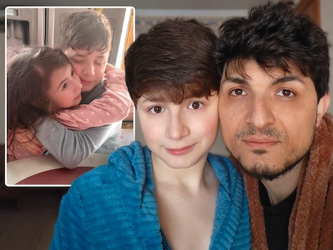 Arthur (12), die omkwam bij de busramp in Buggenhout, met zijn papa Artem. Inzet: Arthur met zijn zusje Monica (6). 