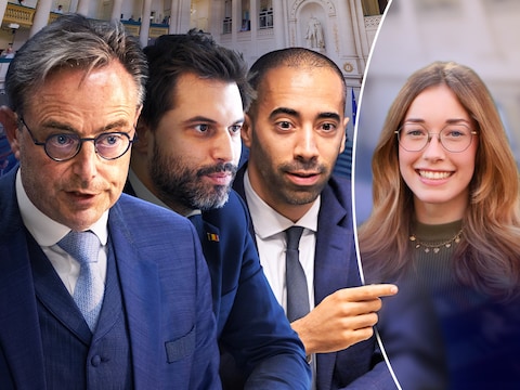 Links: Bart De Wever, Georges-Louis Bouchez, Sammy Mahdi. Rechts: Elise Aerts, onderzoekster bij Centrum voor Sociaal Beleid Herman Deleeck