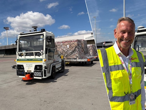 De zelfrijdende elektrische trekker die op Brussels Airport wordt getest voor het vervoer van vrachttrailers. Inzet: Philippe Torry, CEO van WFS.