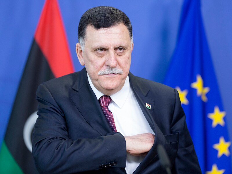 Fayez al-Sarraj, begin deze maand in Brussel met Europese topambtenaren.