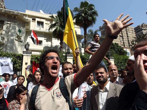 Egyptenaren protesteerden eerder deze week voor de Saoedische ambassade in Caïro.