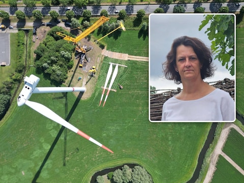 De demontage van de wieken leverde spectaculaire beelden op. Inzet: Sabrina Uyttenhove. Intussen zijn de herstellingswerken achter de rug, maar ze laten een wrange nasmaak bij haar na.
