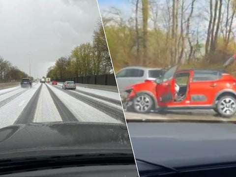 Links: sneeuw en hagel op de E411. Rechts: een auto in panne.