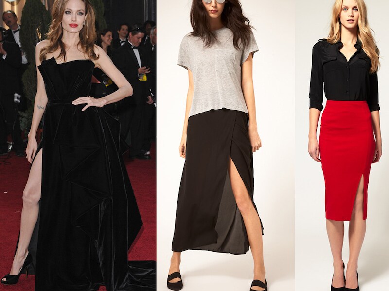 Angelina Jolie op de Oscars, maxirok en kokerrok met split bij Asos.com.