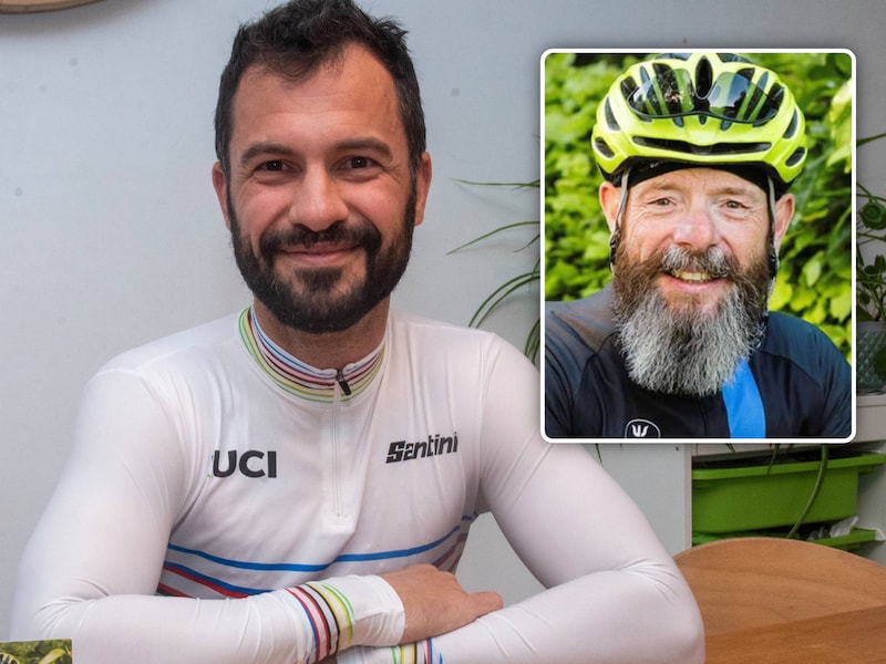 Ron Vandenbussche werd wereldkampioen bij de Masters en draagt zijn medailles op aan zijn overleden fietsmakker Johan Vergaert (op de inzetfoto).