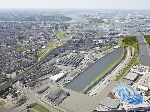 Het nieuwe plein aan het Sportpaleis en de tunnel die onder het Albertkanaal duikt.