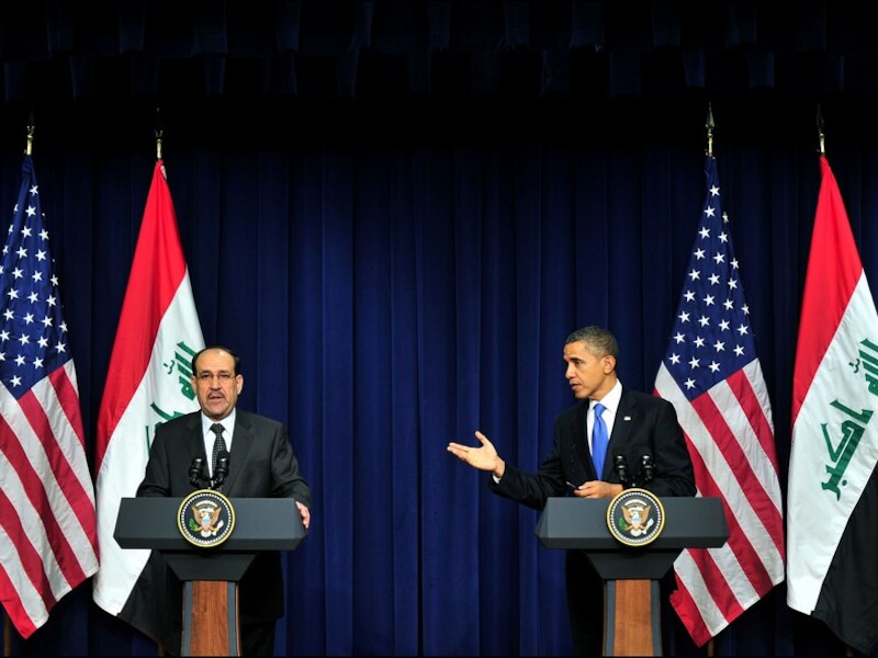 De Irakese president Maliki (L) tijdens een persconferentie met de Amerikaanse president Barack Obama.