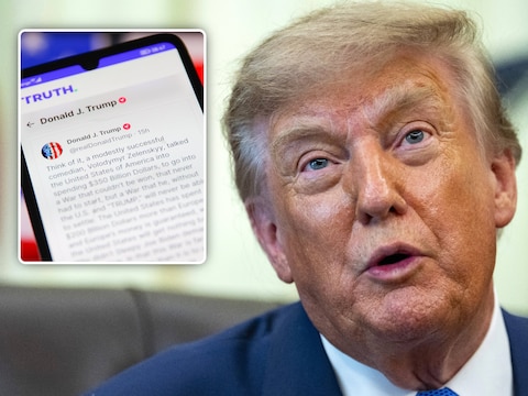 Amerikaanse president Donald Trump. Inzet: Truth-social bericht van Trump. 