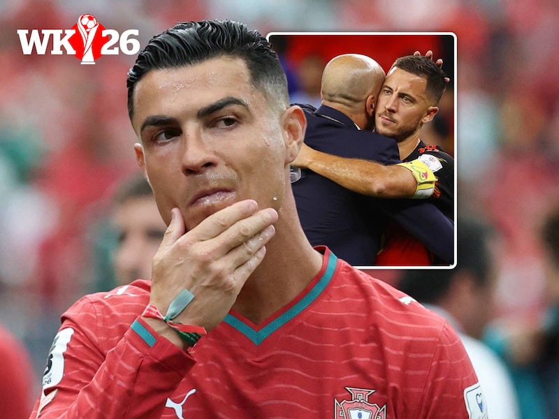 Inzet: Roberto Martínez met een laatste knuffel voor Eden Hazard op het WK 2022 in Qatar.
