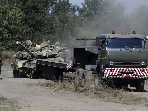 Russische troepen aan de grens met Oekraïne in augustus.