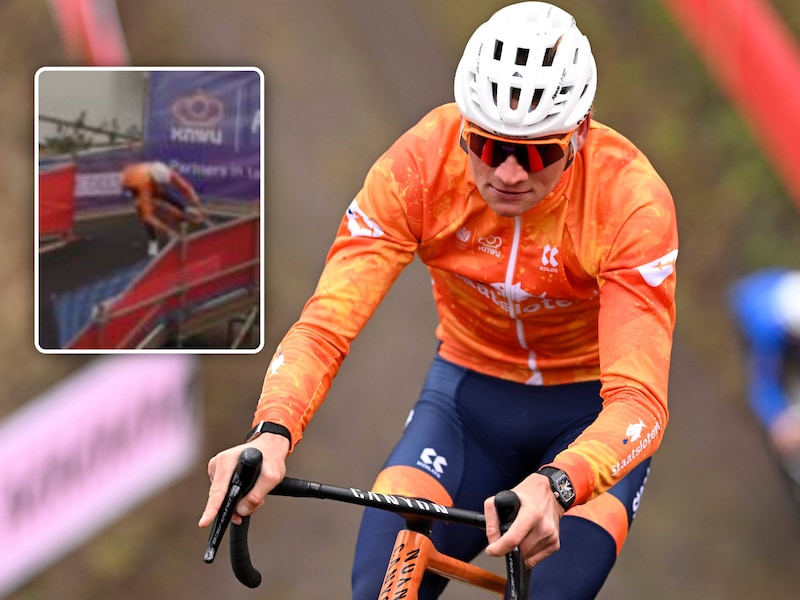 KIJK. Hij moest er toch even van bekomen: topfavoriet Mathieu van der Poel valt tijdens verkenning WK-omloop
