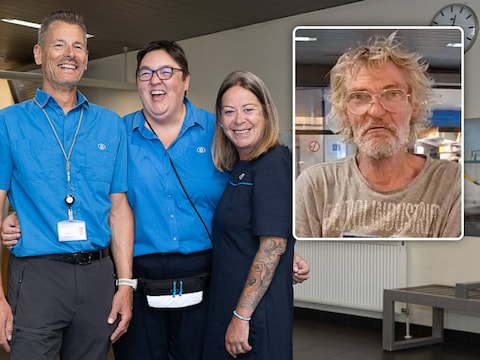 Nathalie Garitte (rechts) ontfermde zich met haar NMBS-collega’s Jerry Janssens en Cindy De Groot over de Nederlandse dakloze Johnny (inzet), die zijn leven nu weer aan het beteren is.
