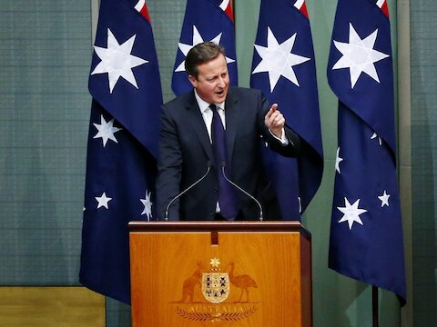 De Britse premier David Cameron spreekt het Australisch parlement toe