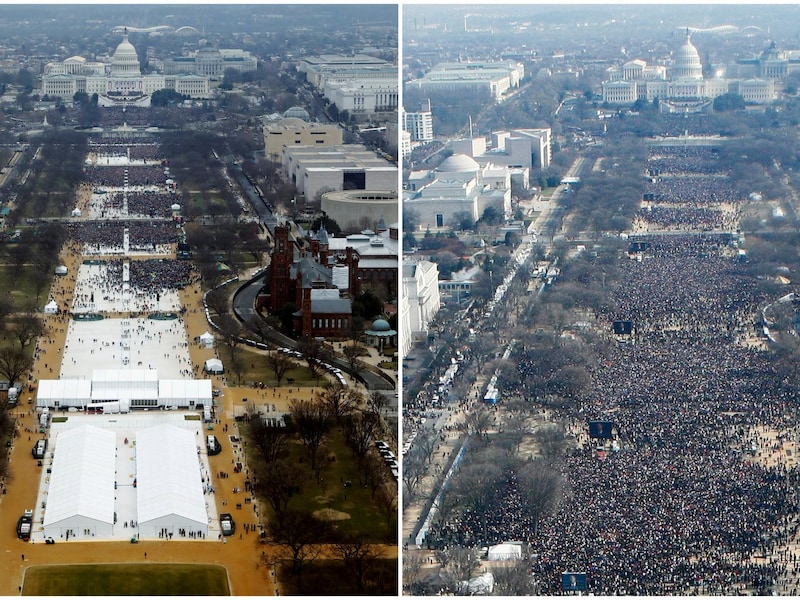 Links: de aanwezigen bij de inauguratie van Trump. Rechts: de opkomst bij die van Obama.